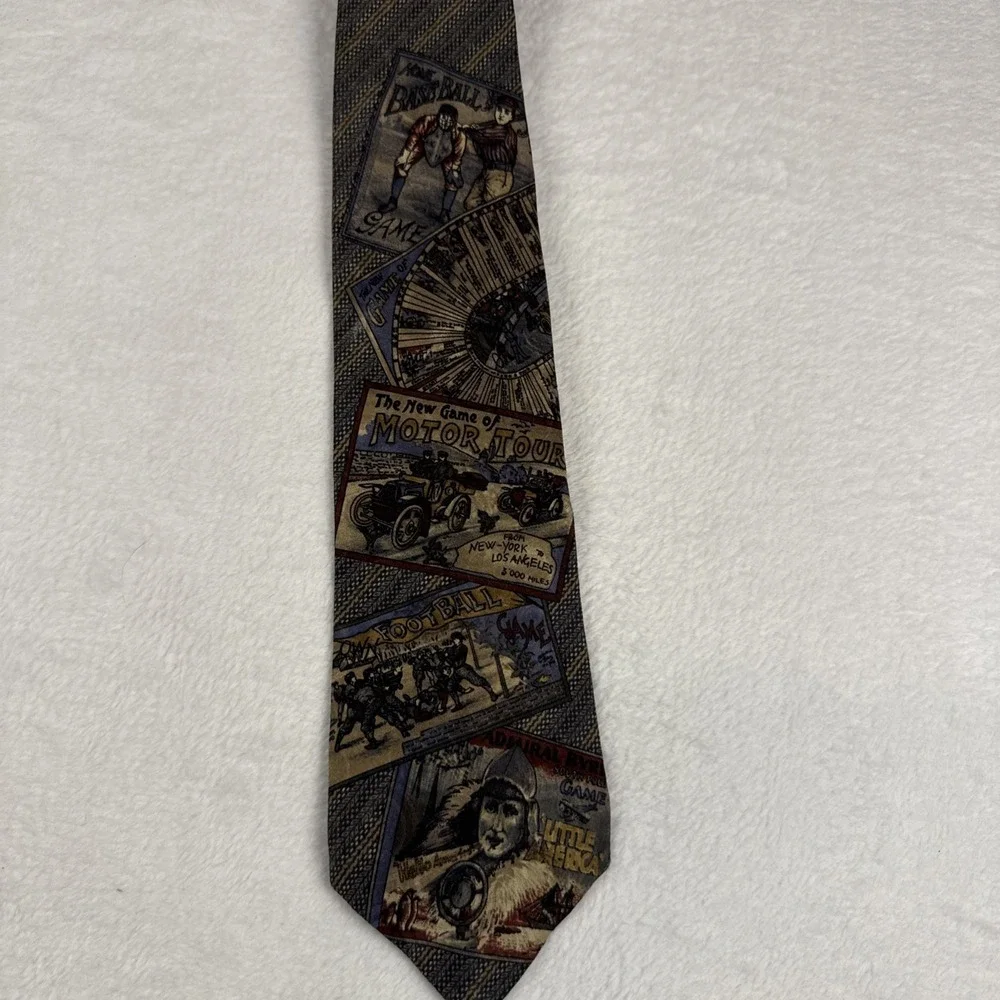 Guess Men's Necktie Tie Silk American Sports Vintage Posters Stripe Made USA 58
